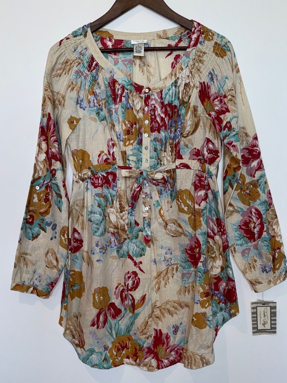 Tasha Polizzi Floral Linen Cotton Tunic Blouse Small Boho Button Front Waist Tie